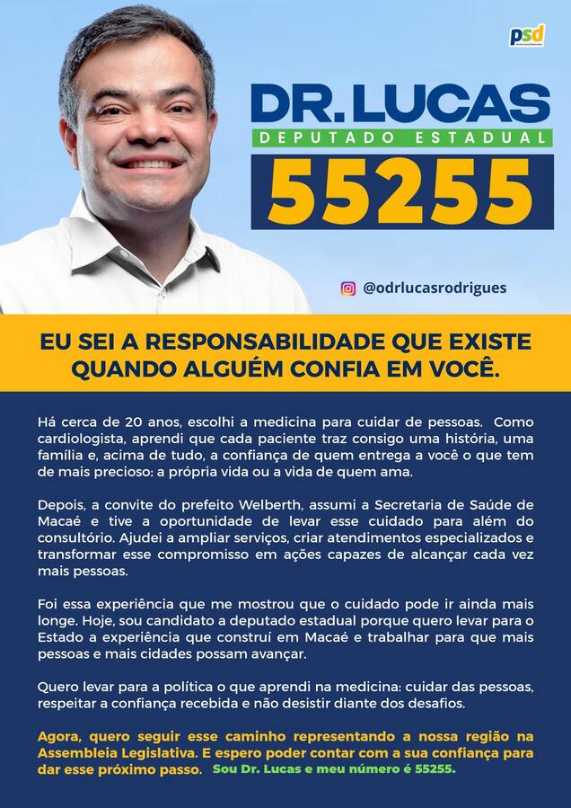 Peça A4 do Dr. Lucas 55255 com a história, o trabalho na saúde de Macaé e as propostas