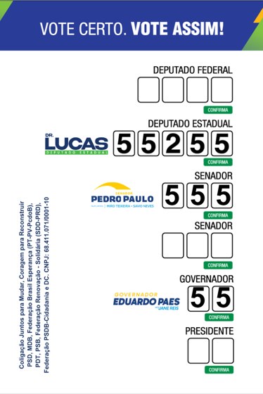 Santinho do Dr. Lucas 55255 ensinando a votar na urna